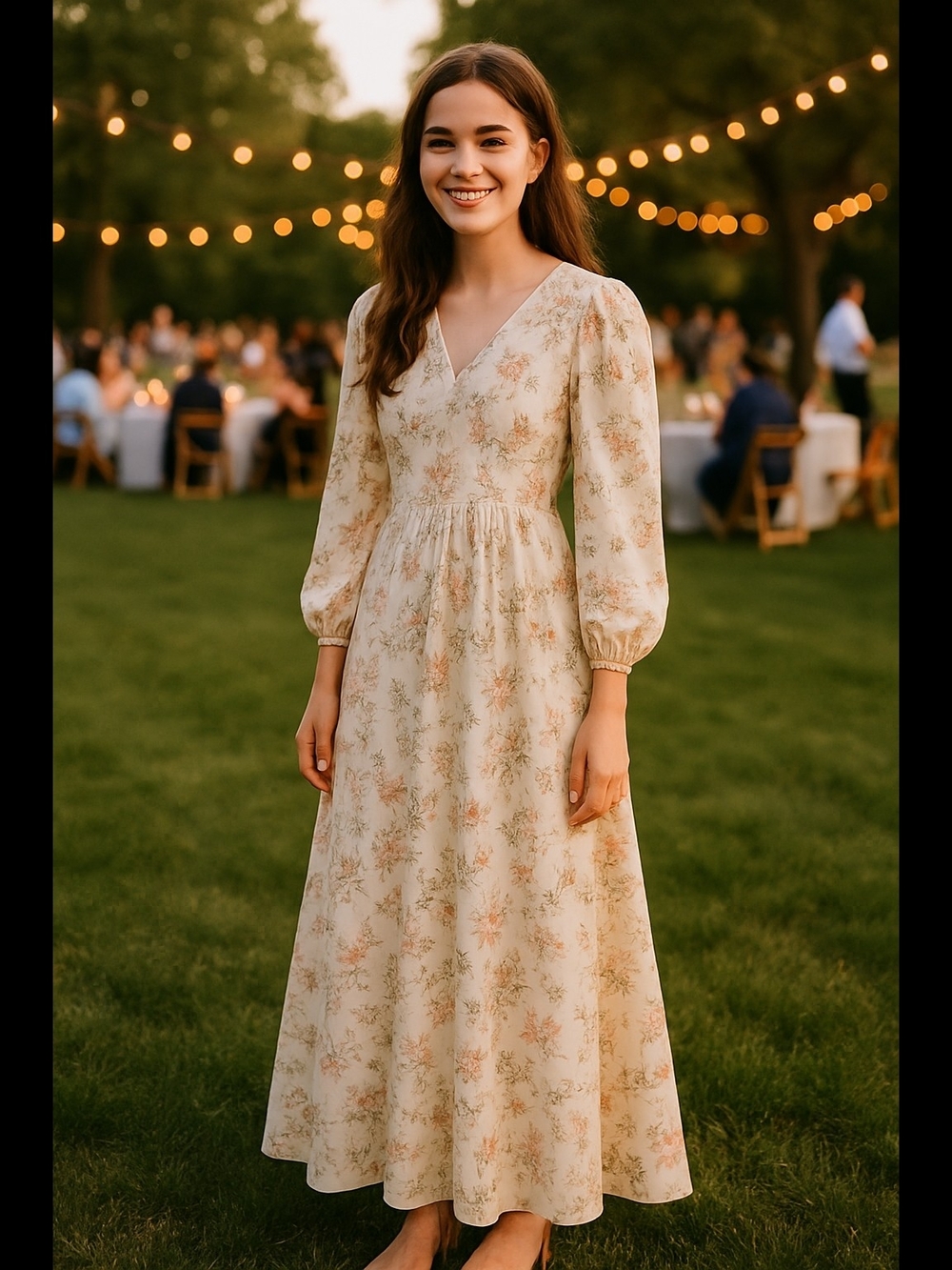 Linen Vibes Cream Floral V‑Neck Maxi Dress with Long Sleeves Vintage Inspired